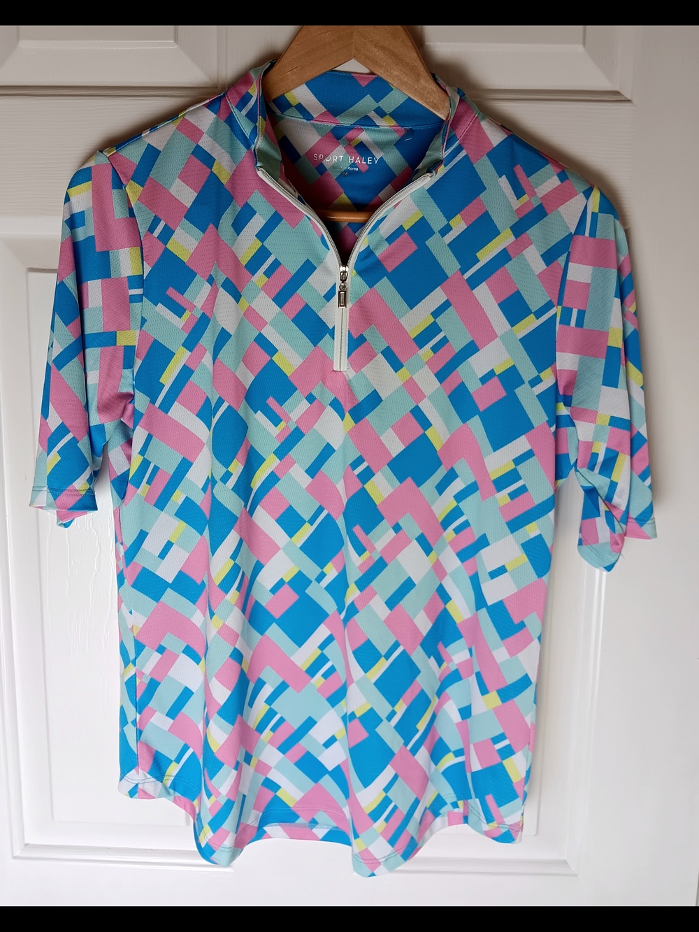 Sport Haley Women's Size Medium Short Sleeve Blue Pink Athletic Golf Top Zip